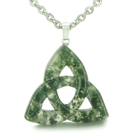 - Celtic Triquetra Knot Magic Amulet Green Moss Agate Good Luck Powers Pendant 18 Inch Necklace