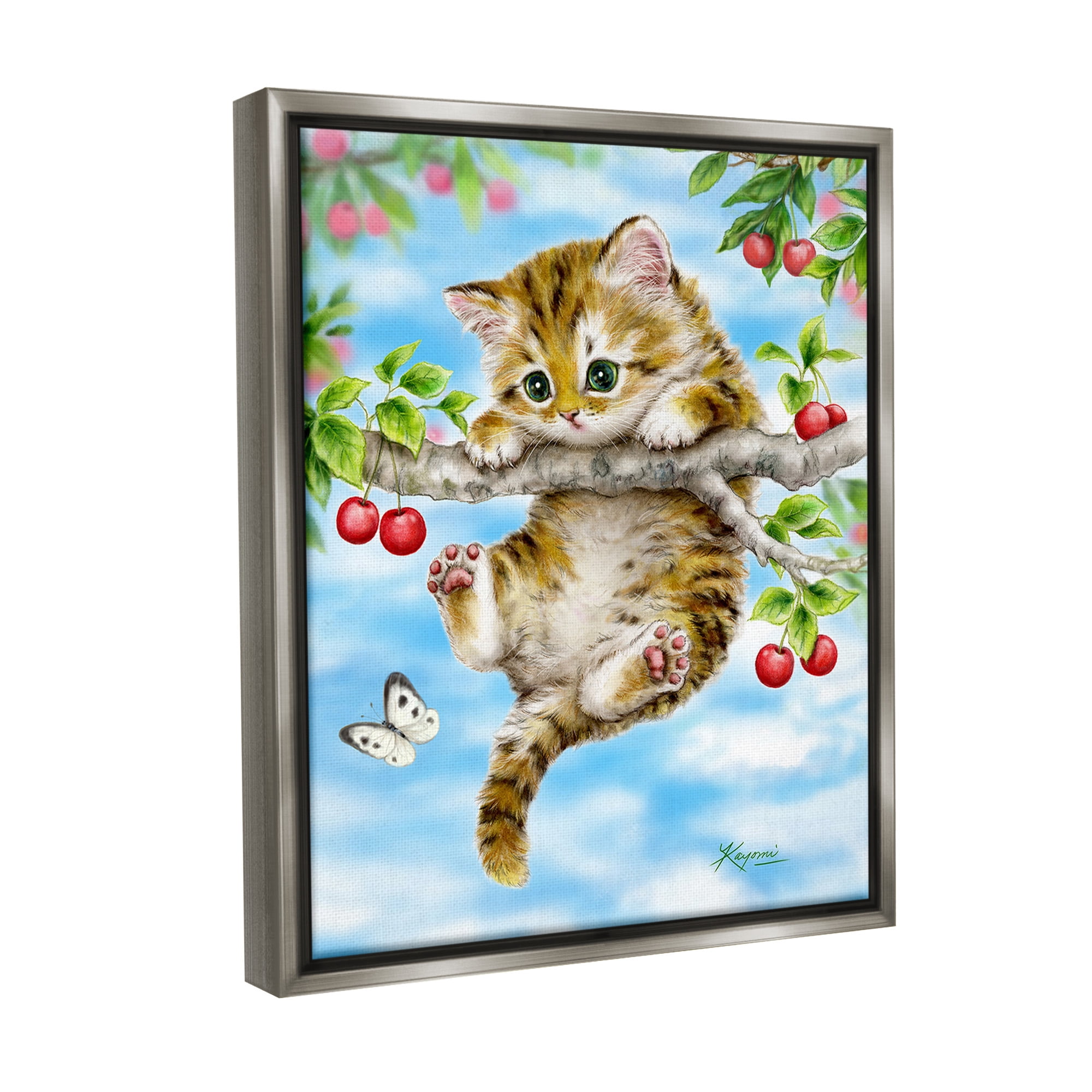 Stupell Industries Kitten Chasing Butterfly Animals & Insects Painting Gray Floater Framed Canvas Art Print Wall Art, 25 x 31