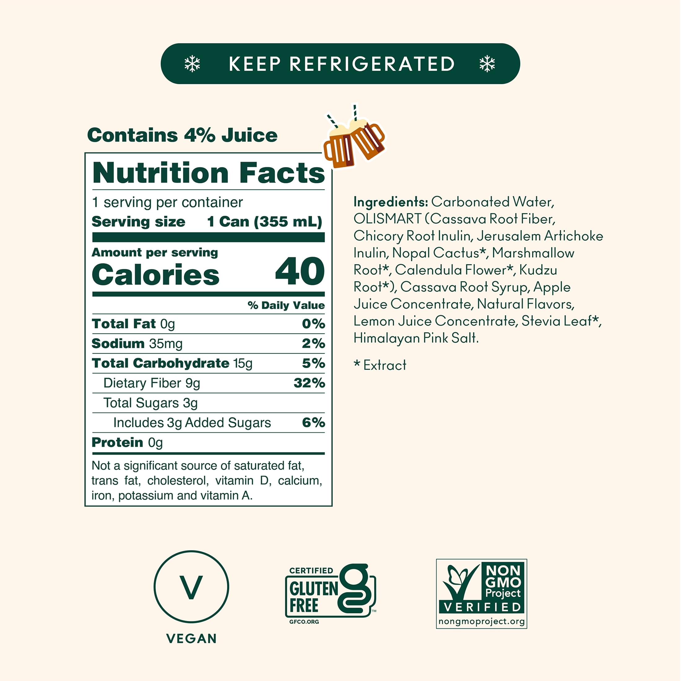 OLIPOP 9g Fiber Prebiotic Soda, Classic Root Beer, 12 fl oz, Single, Refrigerated