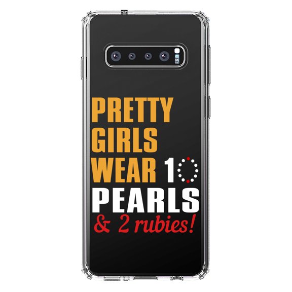DistinctInk Clear Shockproof Hybrid Case for Samsung Galaxy S10 (6.1" Screen) - TPU Bumper Acrylic Back Tempered Glass Screen Protector - Pretty Girls Wear 10 Pearls 2 Rubies