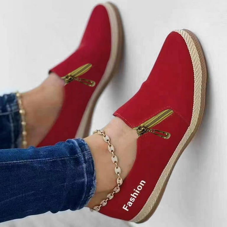 Sehao Ladies Fashion Solid Color Round Toe Shallow Mouth Side Zipper Flat Casual Shoes Red Size 9 Wide Widths Available