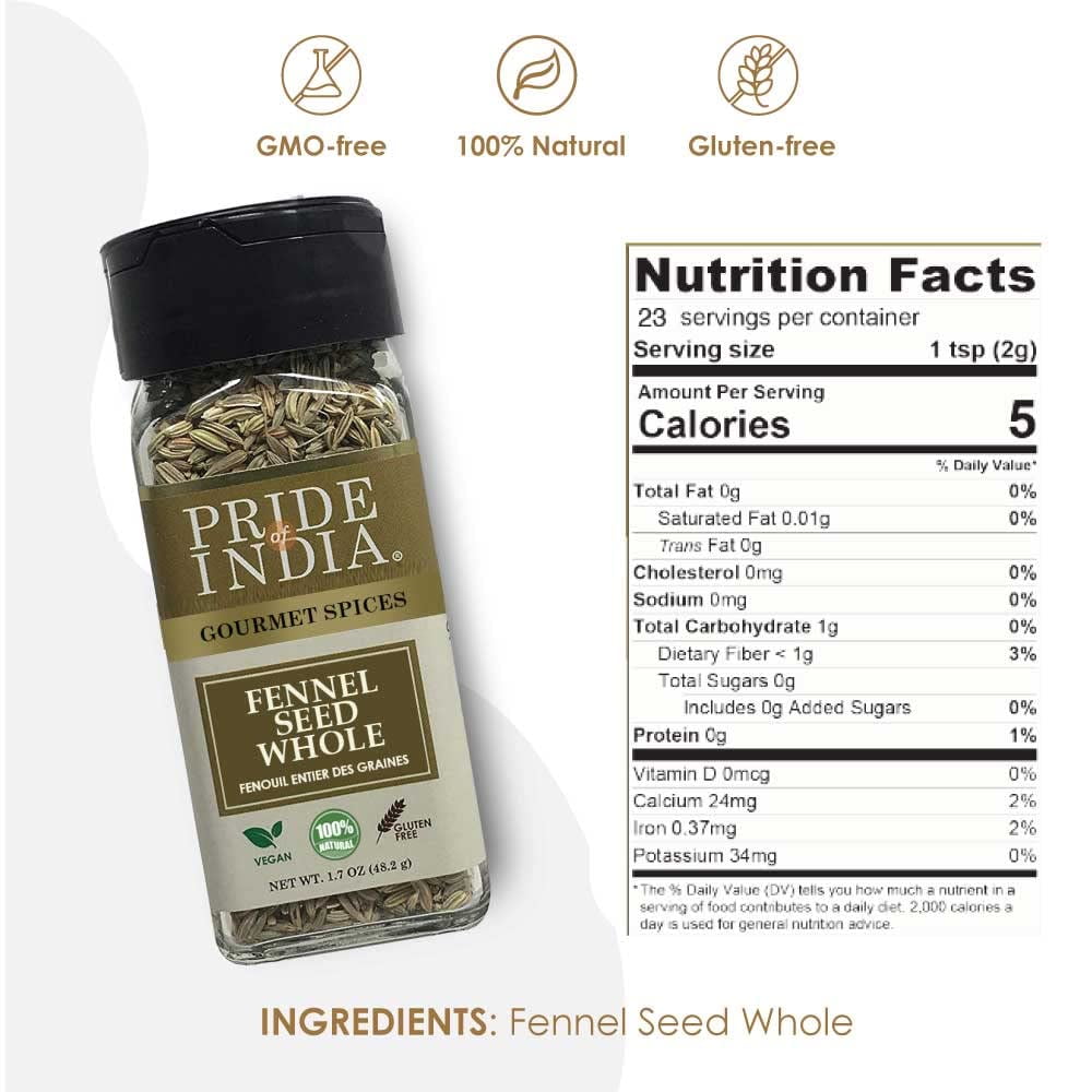 Pride of India - PACK of 6 - Fennel Seed Whole – Gourmet Spice–Fresh & Aromatic Mouth Freshener GMO Gluten Free – Flavoring for bakes, meat & more – Easy to Use – 1.7 oz. Small Dual Sifter Bottle