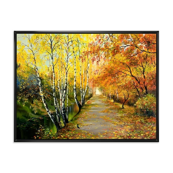 Designart 'Path Through The Autumn Woods Along River' Traditional Framed Canvas Wall Art Print