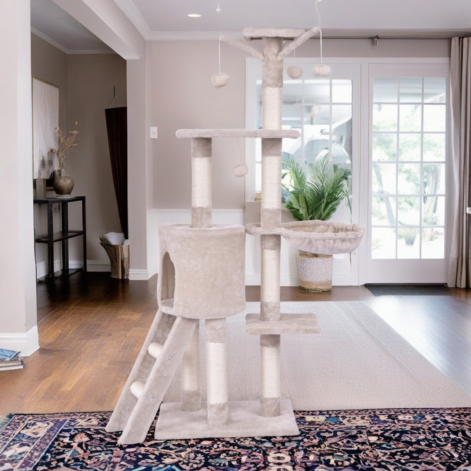 Pefilos 56" Cat Tree Tower for Indoor Cats with Ladder, Scratching Posts Cat Condo for Multiple Cats Jump Platform Cat Furniture Activity Center, Beige