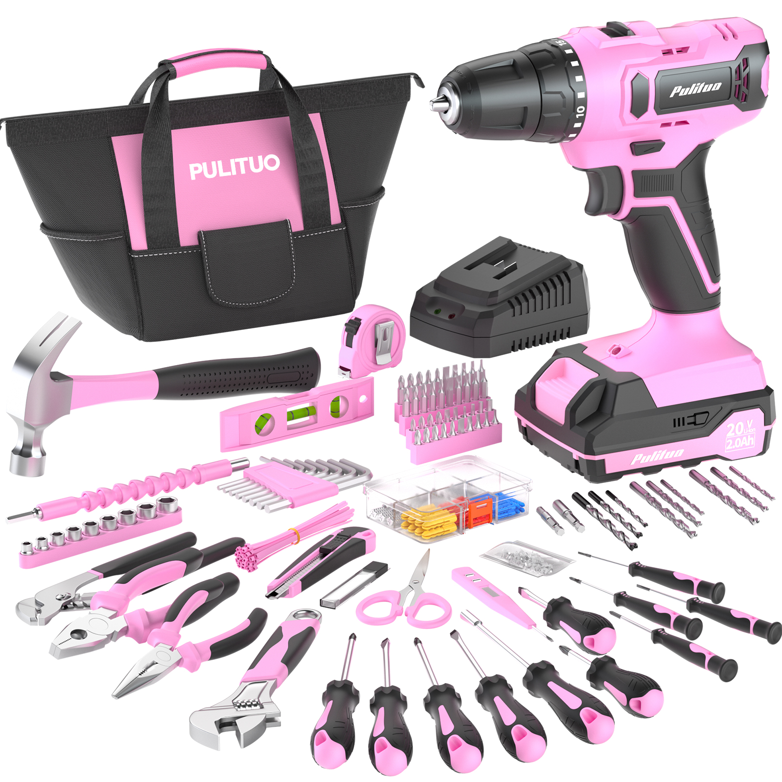 PULITUO 20V Cordless Pink Drill Kit, 238-Piece Tool Box, Electric Drill Driver with Battery, 2 Speeds, 21+1 Clutch, LED Light, Lady's Home Repair Set