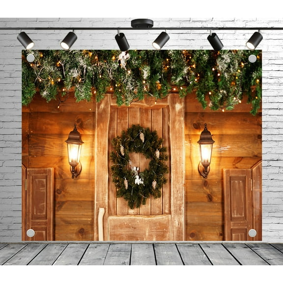 7x5ft Rustic Backdrop Wooden Door Wreath Lights Photo Backdrop Wood Panel Background for Theme Party Wedding Birthday Baby Shower Decoration Banner Photo Booth Props