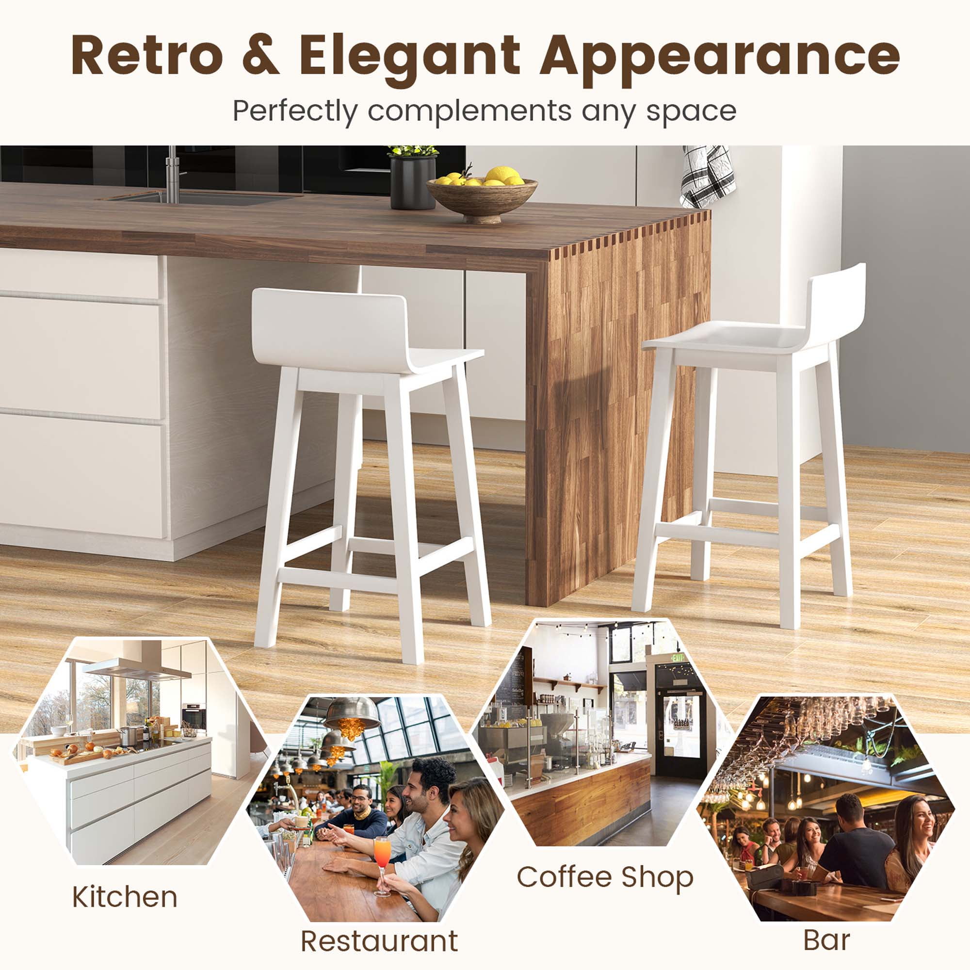 Costway 24.5" Wood Bar Stools Set of 2 with Solid Back & Seat Mid Century Bar Chairs White
