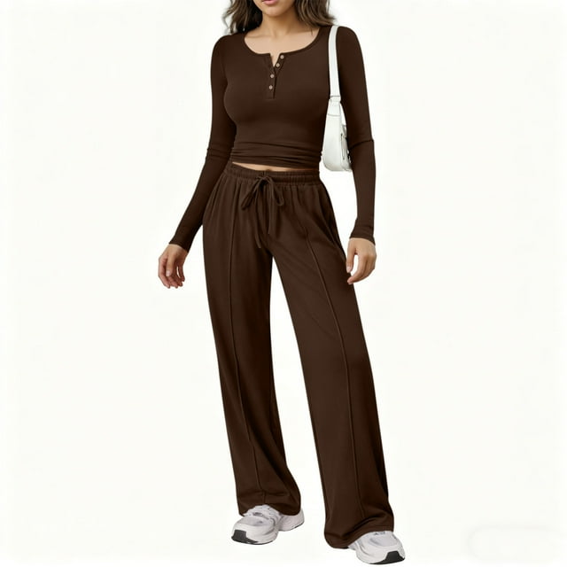 Karight Womens 2 Piece Sets Long Sleeve Slim Fit Crop Tops Wide Leg Pants Matching Lounge Set