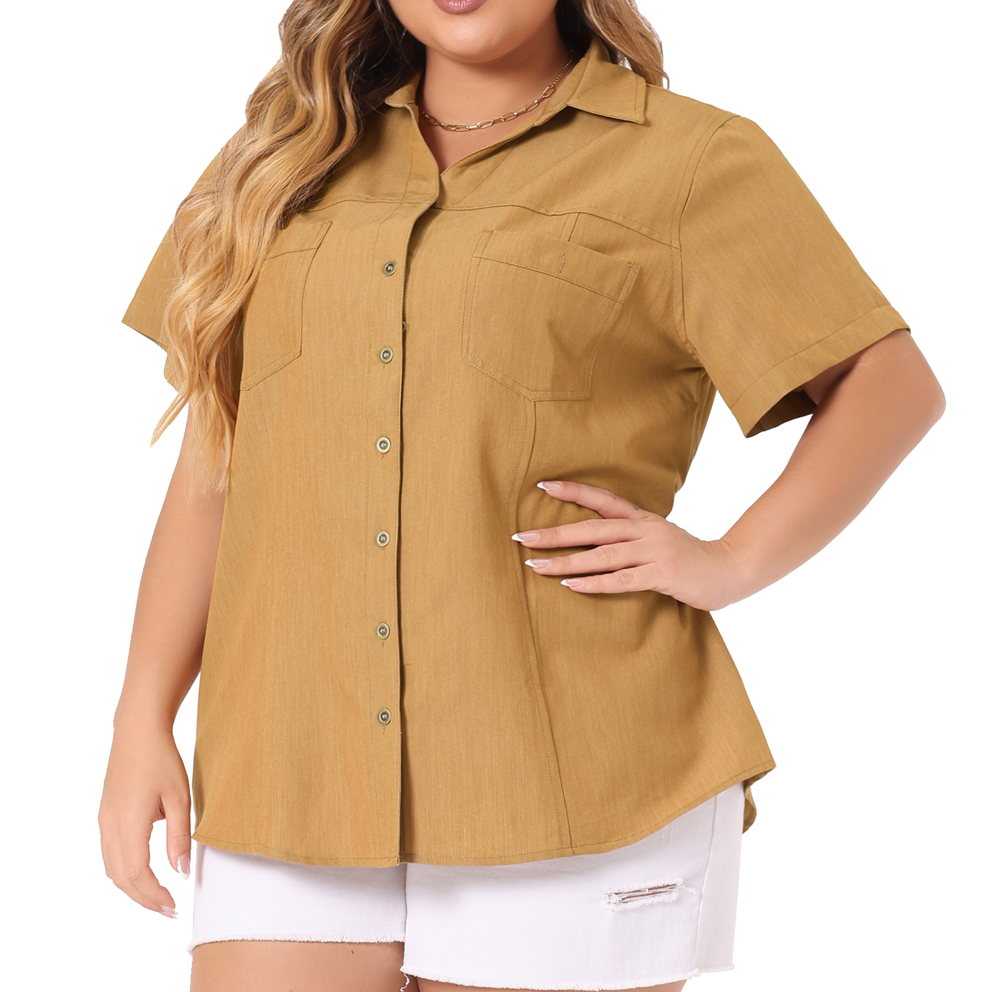 DARING DIVA Women's Plus Blouse Chest Pocket Button Down Demin Shirt 4X Light Brown