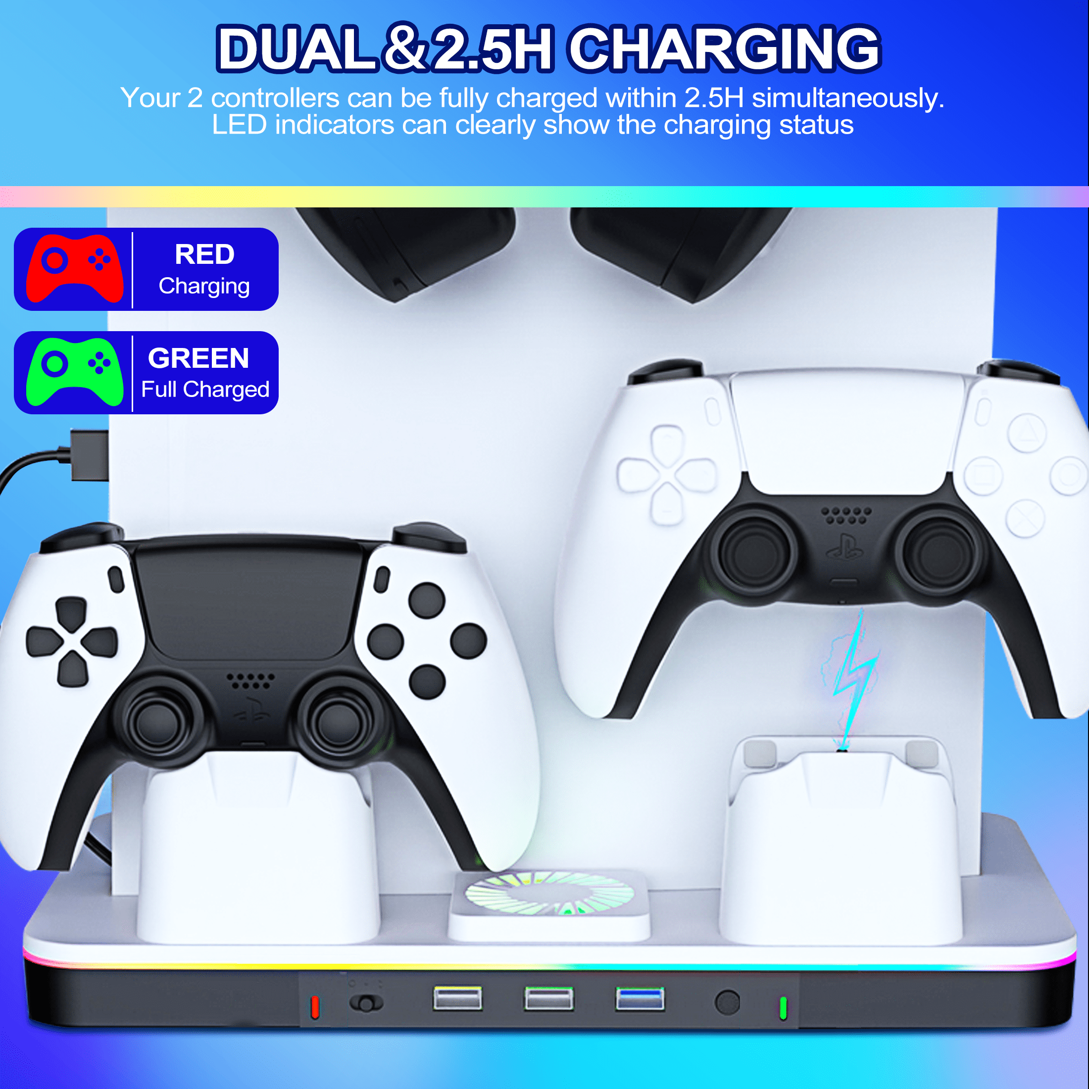YUOY PS5/Slim/Pro Stand and Cooling Station with LED Controller Charging Station for PlayStation 5 Console, Controller Charger, Cooling Stand, PS5/Slim/Pro Accessories Kit with 2 Level Cooler Fan