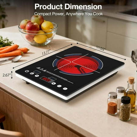 1800W Single Burner Electric Cooktop with 4-Hour Timer and Black Crystal Glass Surface