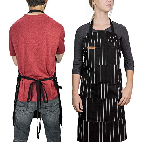 Chef Pomodoro Kitchen Apron, Classic Striped, Unisex Chef Apron, Adjustable Neck and Back Straps, 5+ Pockets, Towel Loops - Designed for Home, BBQ, Grill Use