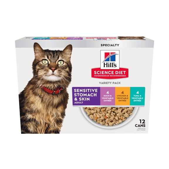 Hill's Science Diet Adult Sensitive Stomach & Sensitive Skin Chicken, Tuna & Duck Wet Cat Food, Variety Pack 2.9oz Can 12pk