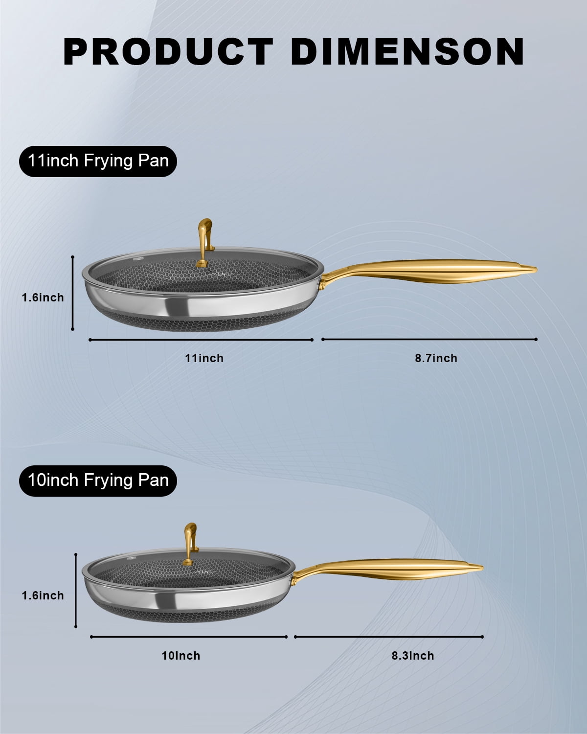 FogDream Non Stick Frying Pans Set, 10 & 11 Inch Tri-Ply  Stainless Steel Pans with Lids  for All Cooktops, Dishwasher & Oven-Safe Cooking Pan,Gold