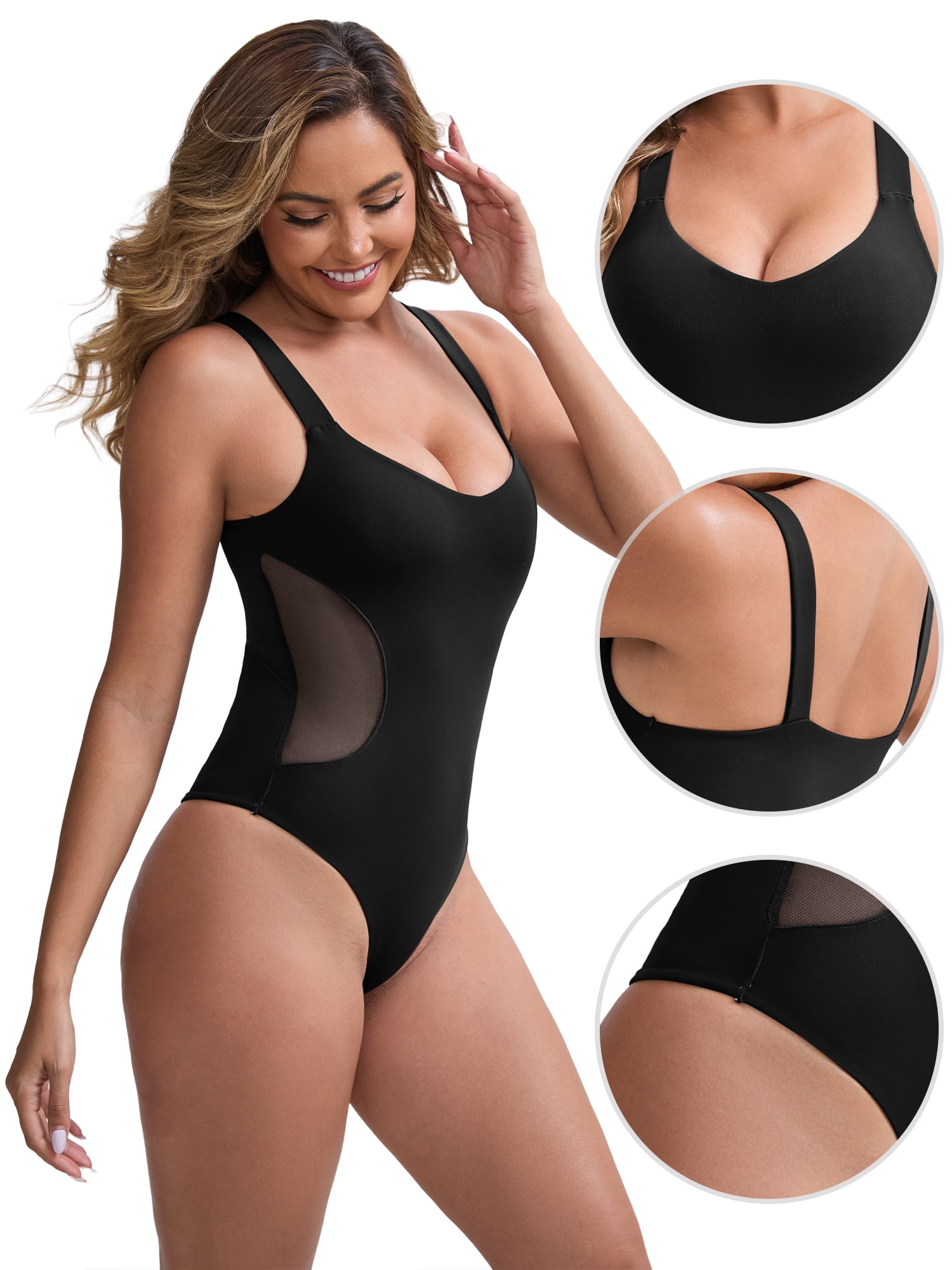 DARING DIVA Women's Seamless V Neck Mesh Waist Tummy Control Shapewear L Black