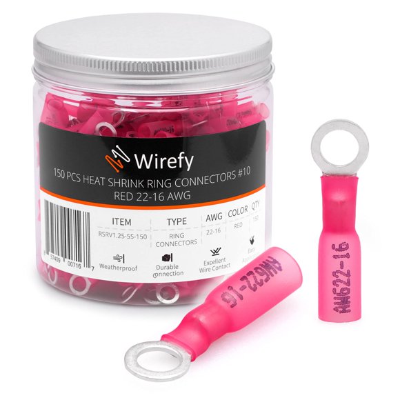 Wirefy 150 terminales de anillo termorretráctiles #10 - Conectores de anillo resistentes - Conectores de cable con ojales - Rojo 22-16 AWG