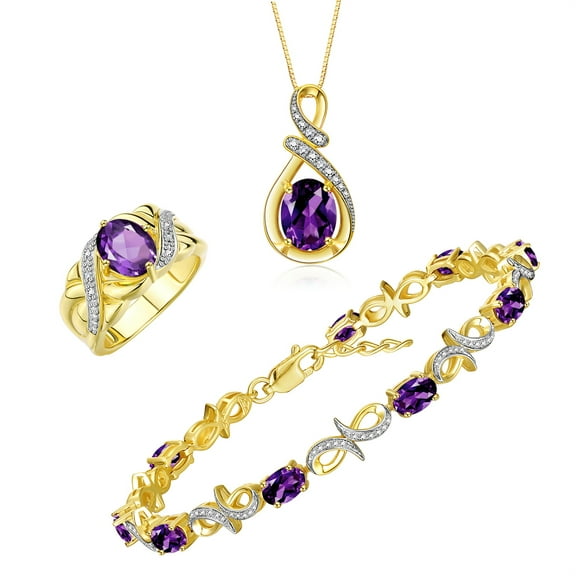 RYLOS Matching Jewelry Yellow Gold Plated Silver Love Knot Set: Tennis Bracelet, Ring & Necklace. Gemstone & Diamonds, 9X7MM & 6X4MM Amethyst Birthstone; Size 5