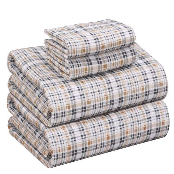 RUVANTI Flannel Sheets King Size 4 Pcs - 100% Cotton Double Brushed Bed Sheets, Deep Pockets 16 Inches King Sheet Set, All Seasons Breathable, Extra Soft & Comfy, Sand Tartan