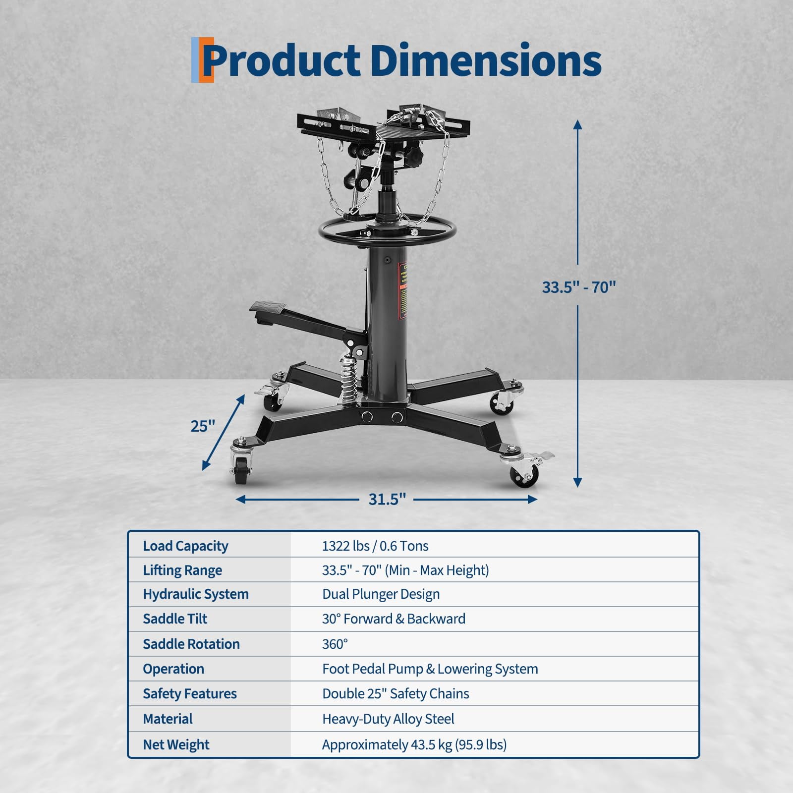 Mescukay Hydraulic Transmission Jack, 1322 LB Capacity, High Lift Transmission Lift with Dual Plungers, 360° Rotation & 30° Tilting Saddle for Home Garage & Auto Shop