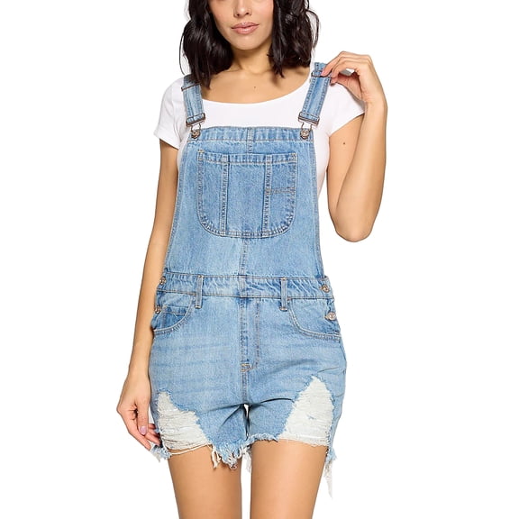Womens Cute Denim Romper Overall Shorts – Raw Hem Bib Shortalls CTB686