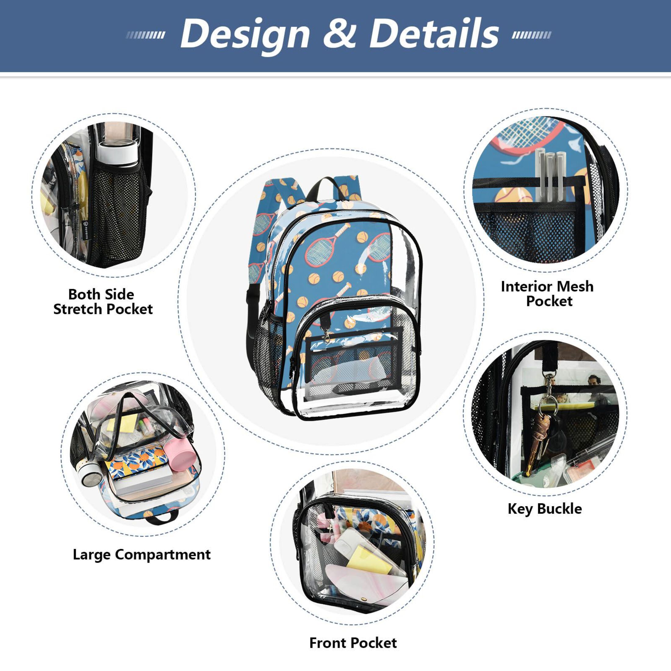 ALAZA Clear Backpack Tennis Racket Balls on Blue PVC Transparent BookBag