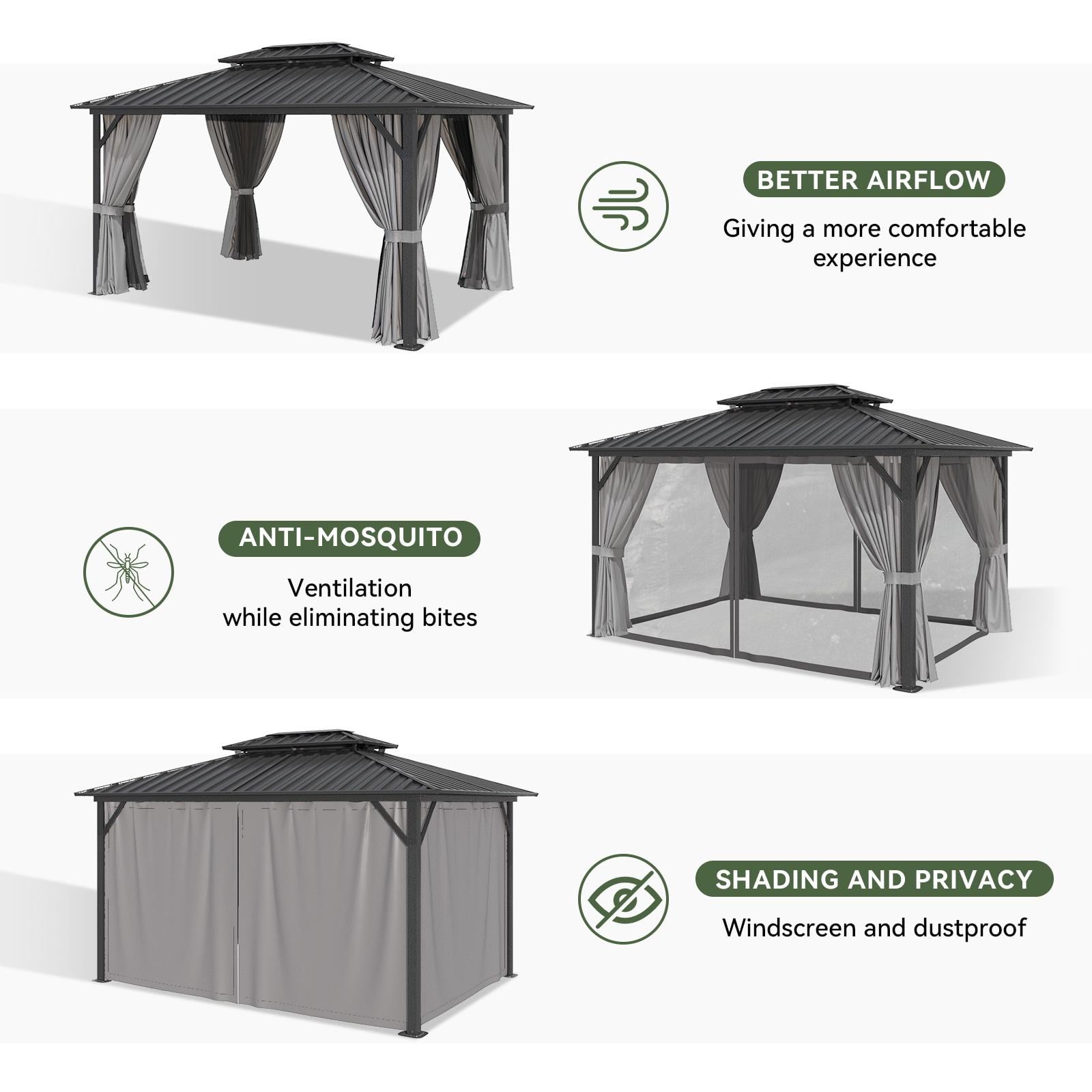 Aoxun 10'x12' Hardtop Gazebo, Aluminum Frame Canopy with Double Galvanized Steel Roof Patio Gazebo, Outdoor Metal Pavilion with Netting, Curtains for Backyard, Patio and Deck