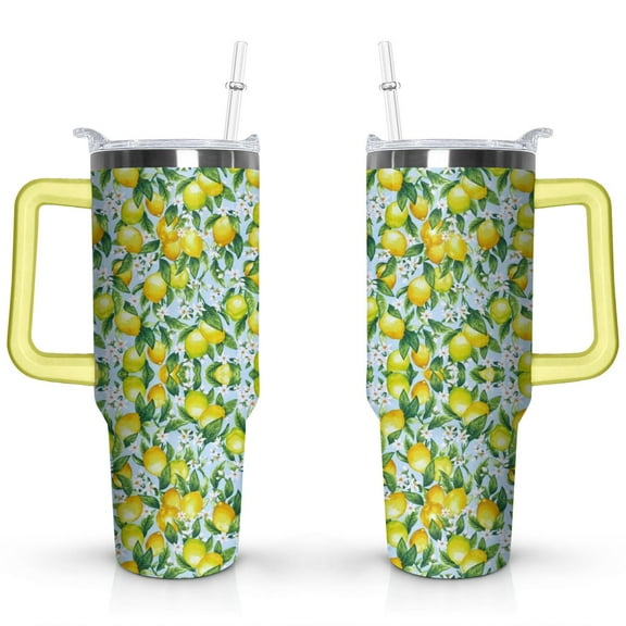40oz Yellow Lemon Pattern Stainless Steel Flip Straw Tumbler Spill Proof Travel Cup Double Wall Vacuum Insulated Coffee Mug with Top Handle