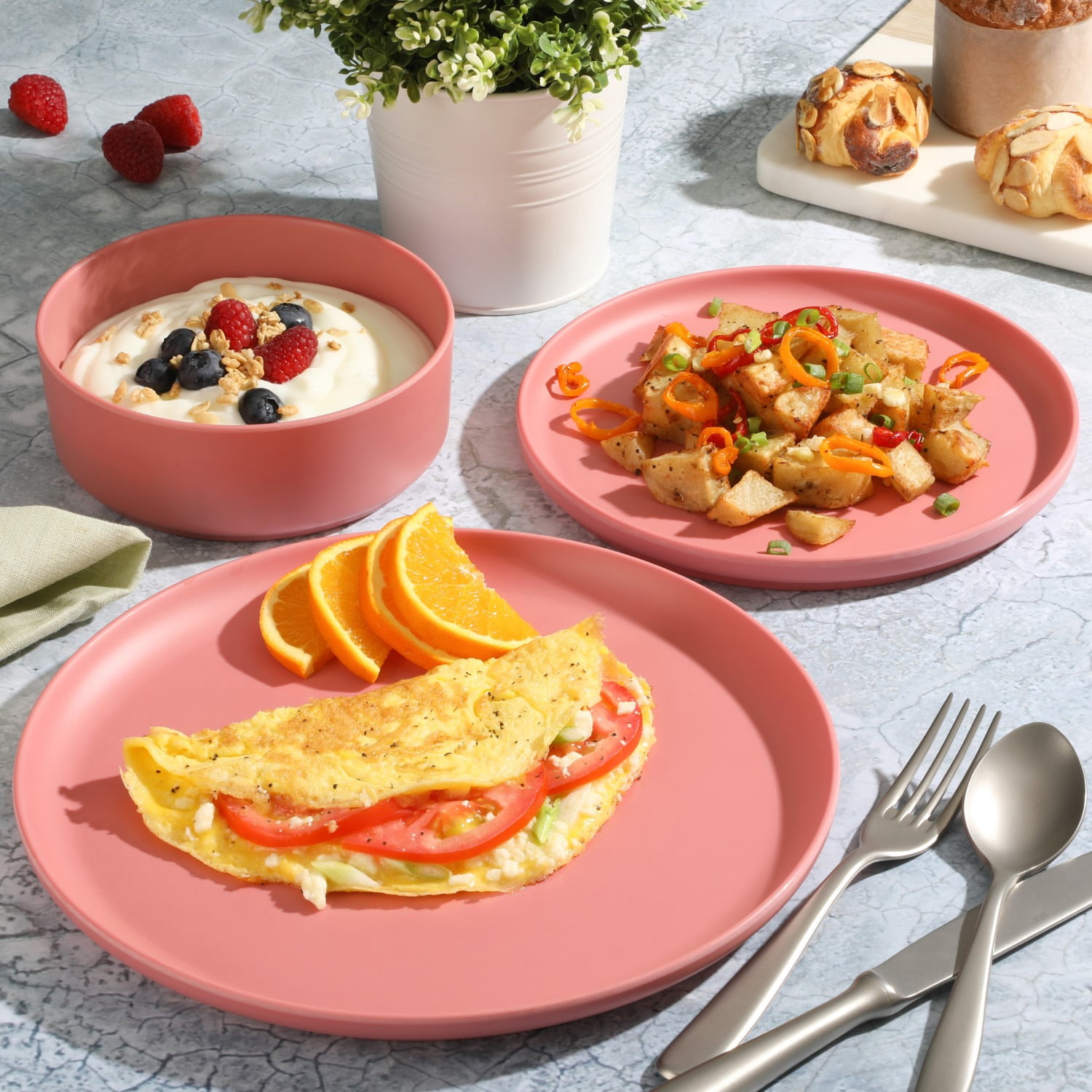 Gibson Home Crest 12 Piece Stackable Matte Melamine Dinnerware Set - Rose Red