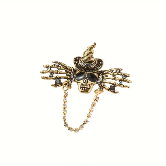 2pcs Gothic Vintage Skull Pirate Claw Tassel Brooch Unisex Halloween Rhinestone Chain Metal Badge Party Lapel Pins