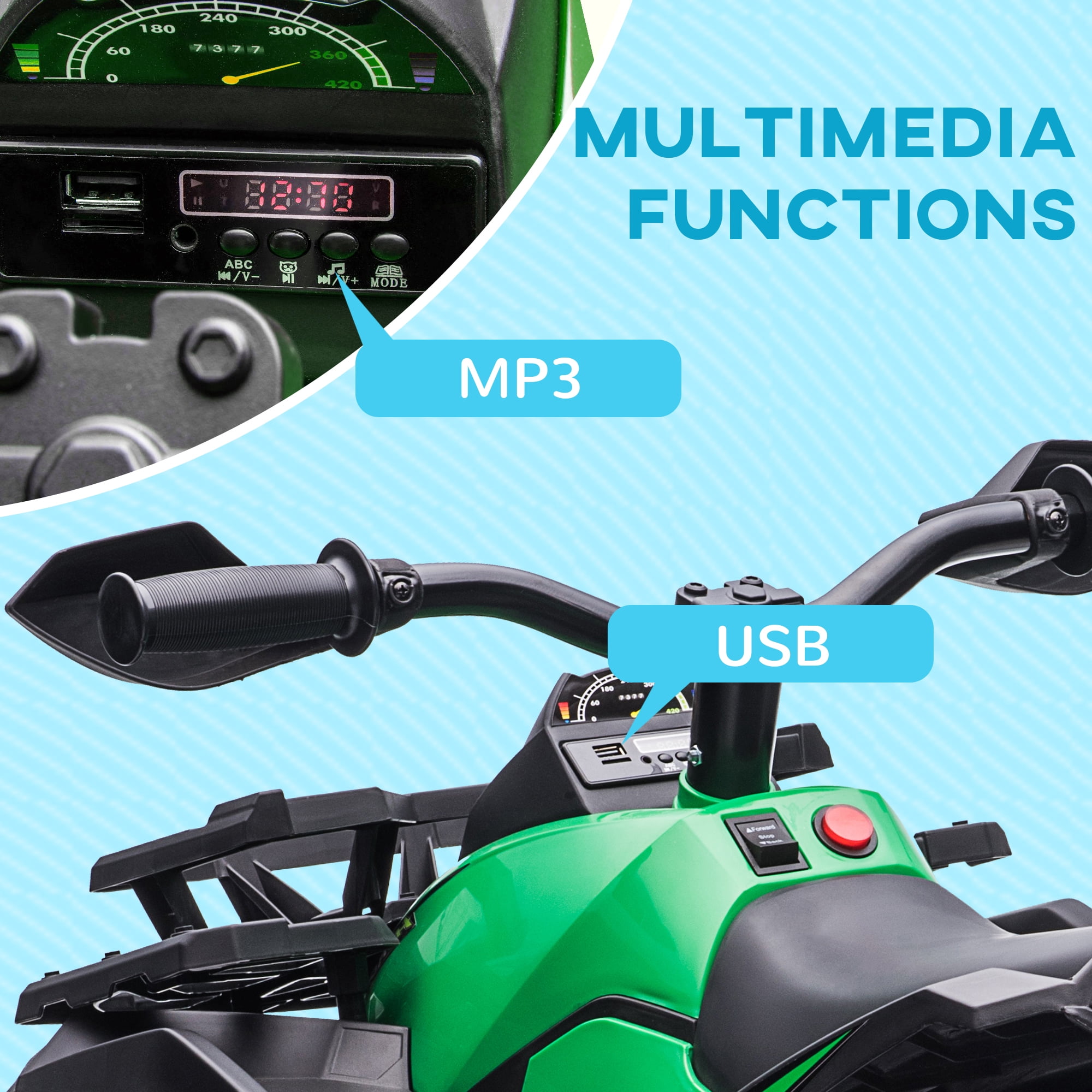 Aosom Kids ATV, 12V 4 Wheeler Ride on Quad Car Toy with Music, Headlights, Battery Powered Electric Vehicle for Boys and Girls, Green