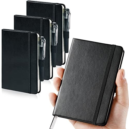 (Set de 3) Cuaderno de Bolsillo, Diario de Tapa Dura Pequeño Mini c/Bolígrafos - Trabajo, Cuaderno A6 9.4cm x 14.5cm Líneas Gruesas 100Gsm, Cuero Negro