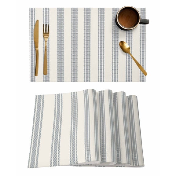 Blue Striped Placemats Set of 4, Modern Stripes Farmhouse Placemats for Dining Table, Place Mats for Kitchen Tabletop, Waterproof Wipeable Dining Table Mats Set