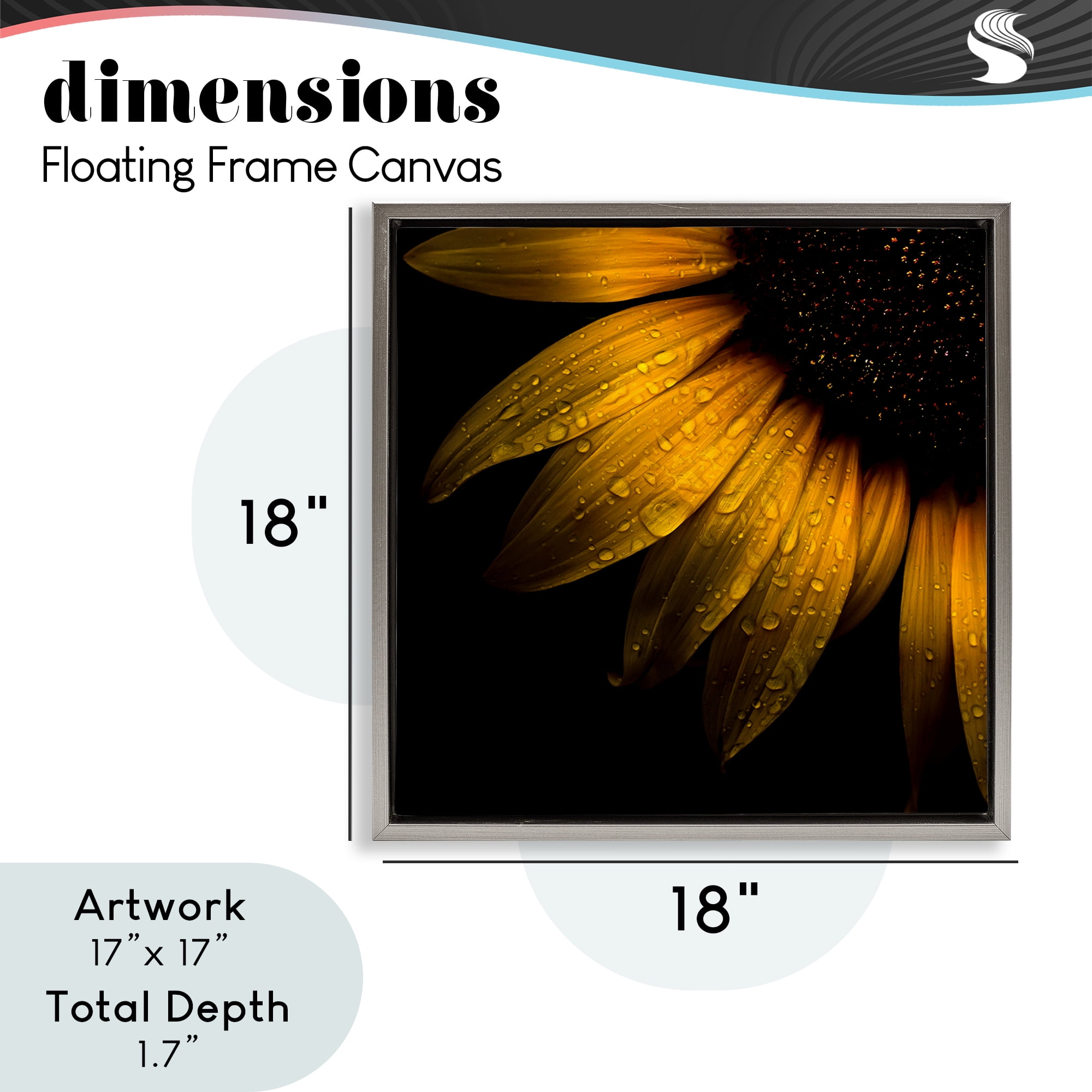 Sunflower Detail with Droplets Gray Framed Floater Canvas Wall Art, design by Brian Carson Photography