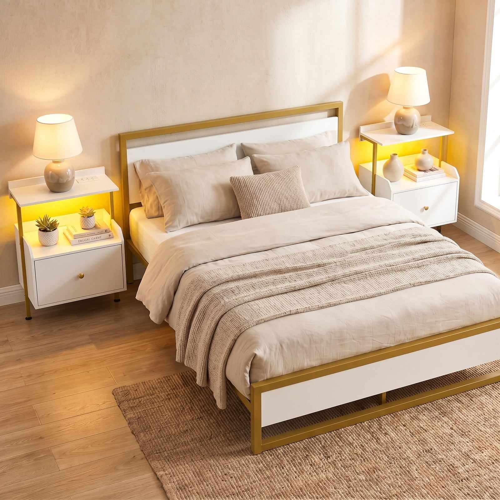 Furnibear Wall-mounted Nightstand with LED Lights and Charging Station, Floating Bedside Table with Open Shelves and Storage Drawer, White