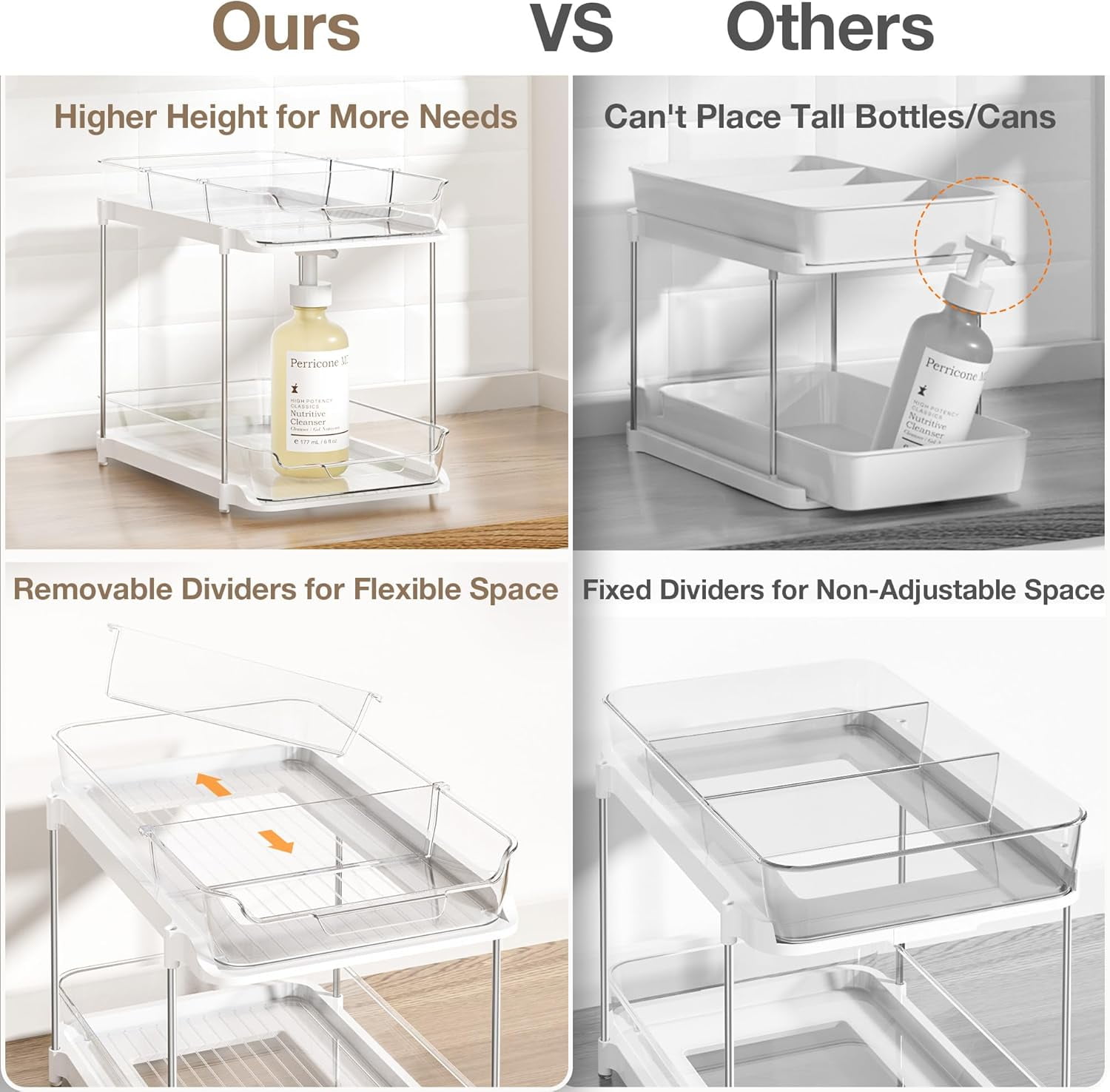 2 Tier Bathroom Storage Organizerr, Pull Out Under Sink Organizers and Storage, Stackable Pantry Organization and Storage, Clear Under Cabinet Storage with Movable Dividers