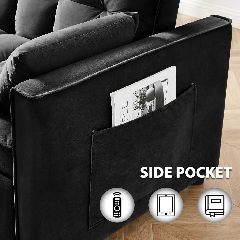 Xiweot 3 in 1 Convertible Sleeper Sofa Bed, 55" Pull Out Couch with Side Pockets, Velvet Loveseat Sofa with Adjustable Backrest for Living Room Bedroom Apartment (Black)