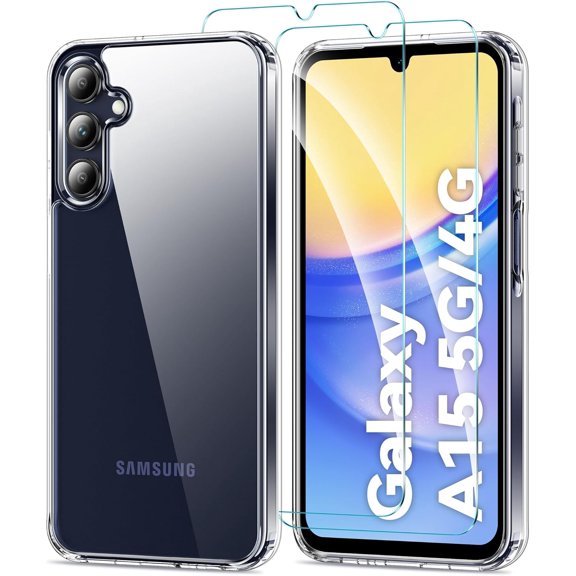 Case for Samsung Galaxy A15 5G with 2-Pack Tempered Glass Screen Protector Film, [Anti-Yellowing] Anti-Scratch Transparent Hard Back and Soft Edge Protective Phone Cover, Crystal Clear