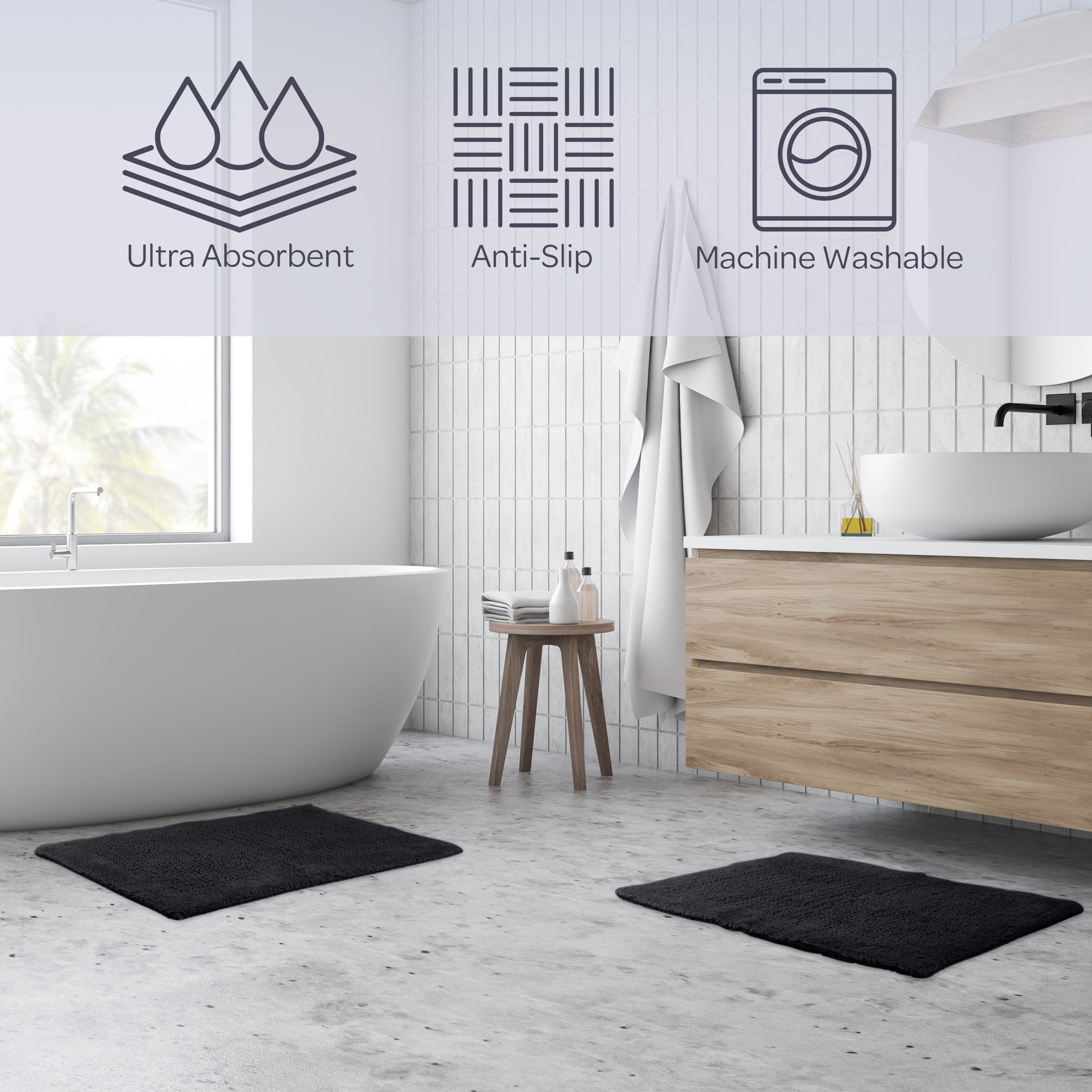 Lavish Home Bathroom Rugs - 2-Piece 2500GSM Cotton Bath Mat Set (Black)