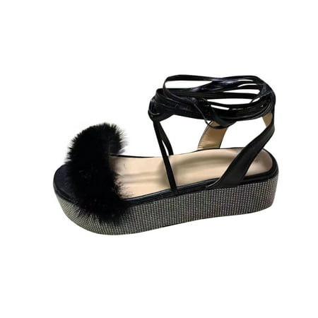 

Alueeu ladies shoes casual Women s Fashion Plus Size Wedge Heel Rhinestone Platform Furry Lace Sandals Black 37