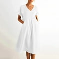 thumbnail image 6 of VEKDONE Short Sleeve V Neck Beach Dresses Solid Color Pleated Flowing Sundress Casual Loose Fit Over Knee Maxi Dress with Pockets White XXL, 6 of 9