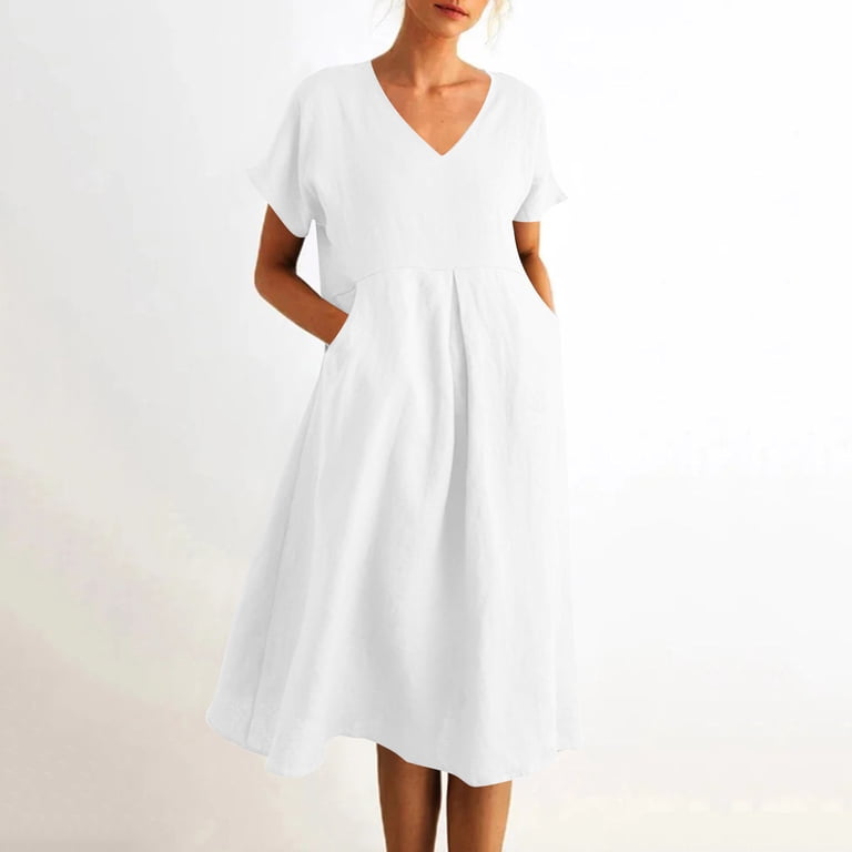 purcolt Womens Cotton Linen Midi Dress Casual Loose Fit Short Sleeve V Neck  Flowy Sundress Summer Beach Dress with Pockets - Walmart.com