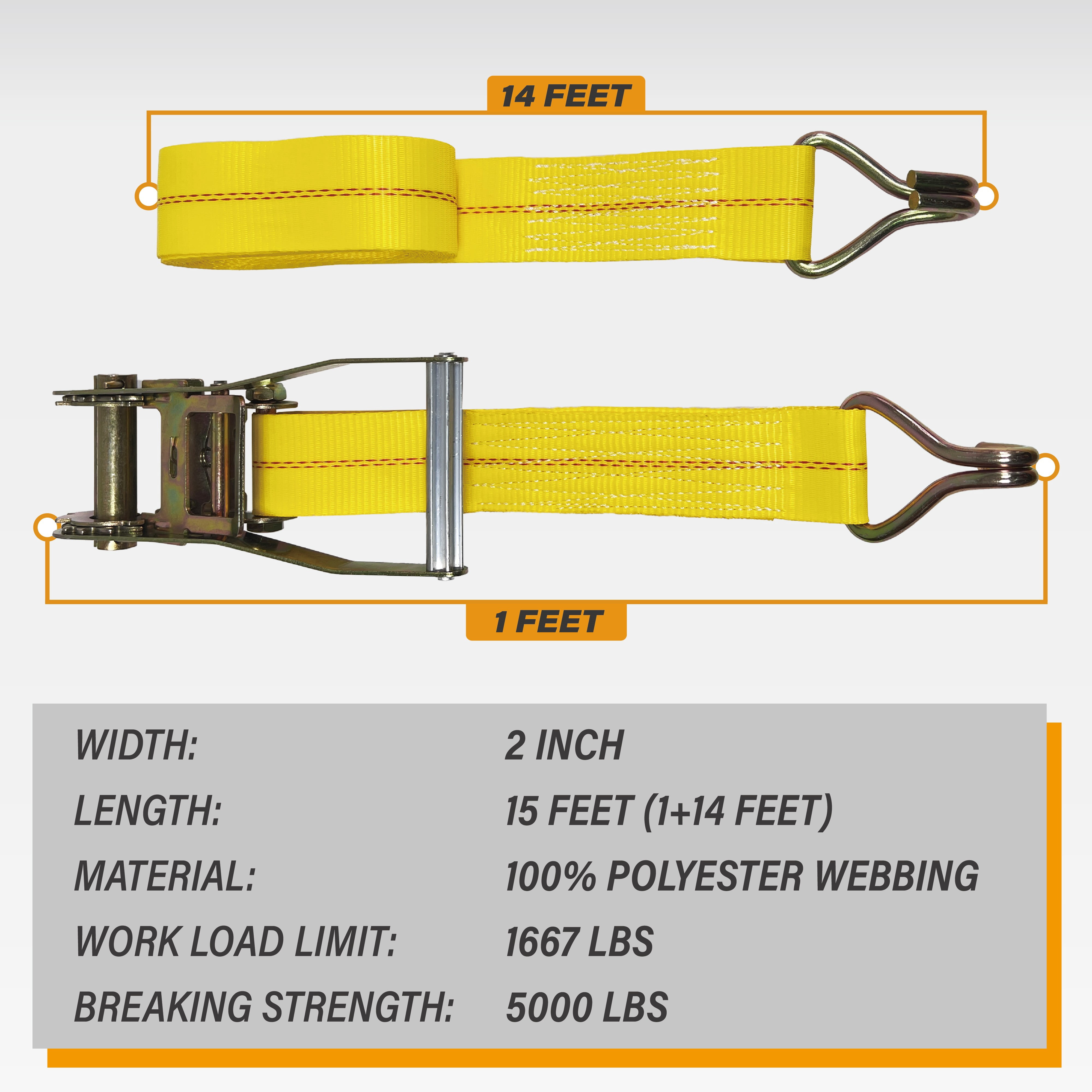 Ratchet Straps 2" x 15' x 5000lbs Cargo Tie Down Straps with J Hooks for Trucks and Tailers by KODIAK STRAPS [Long Handle] (6)
