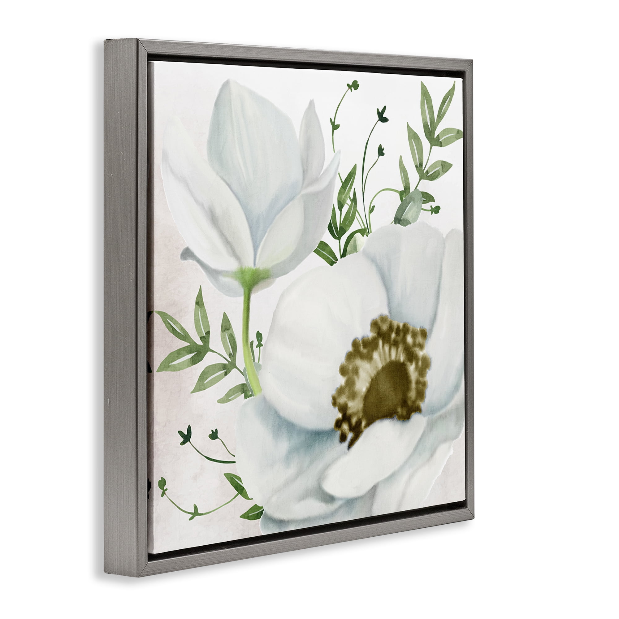 Stupell Industries Magnolia & Leaf Sprigs Plants & Flowers Painting Gray Floater Framed Canvas Art Print Wall Art, 18 x 18