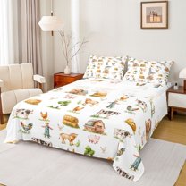 Homewish Cartoon Scarecrow Bed Sheets,Cute Highland Cattle King Sheets,Country Farmhouse Lodge Sheet Set For Boys Teens,Breathable Home Decor,4-Piece