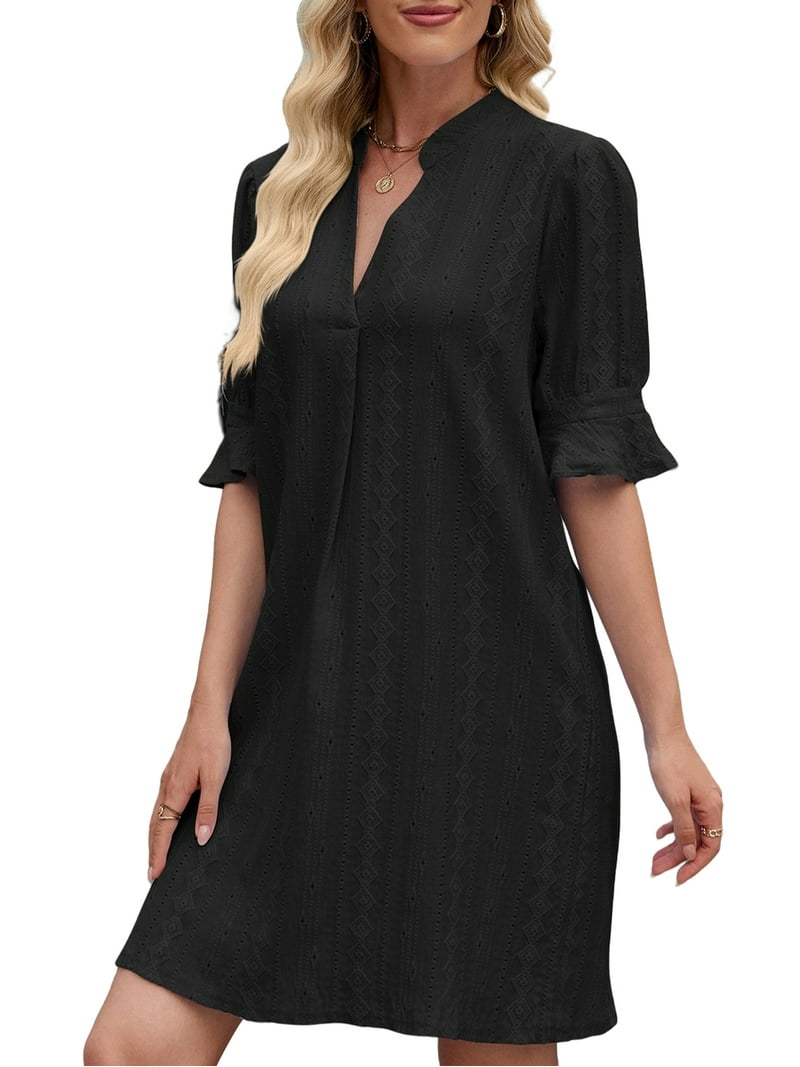 Uvn Summer Dresses for Women Ruffle Short Sleeve Dress Casual V Neck T Shirt Dress