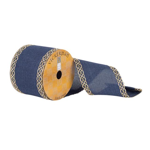 Vickerman Q181345 3.75 in. x 10 Yards Blue Dupioni Ribbon with Gold Swirl Edge