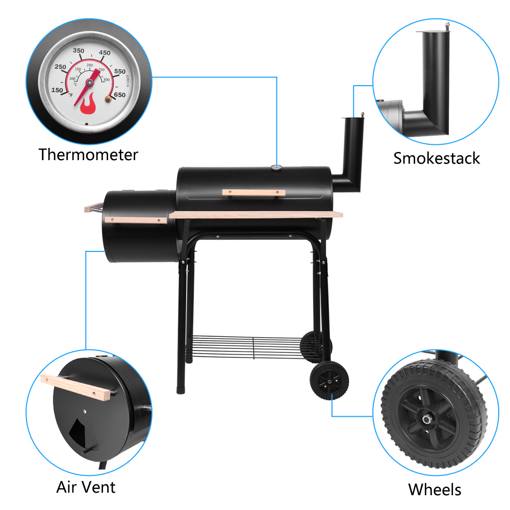 Barrel Charcoal Grill with Side Table, 500-600 Degrees, Multi-function oven with Wheel, Output for Outdoor Cooking Kitchen and Patio Backyard Barbecue, Stainless Steel