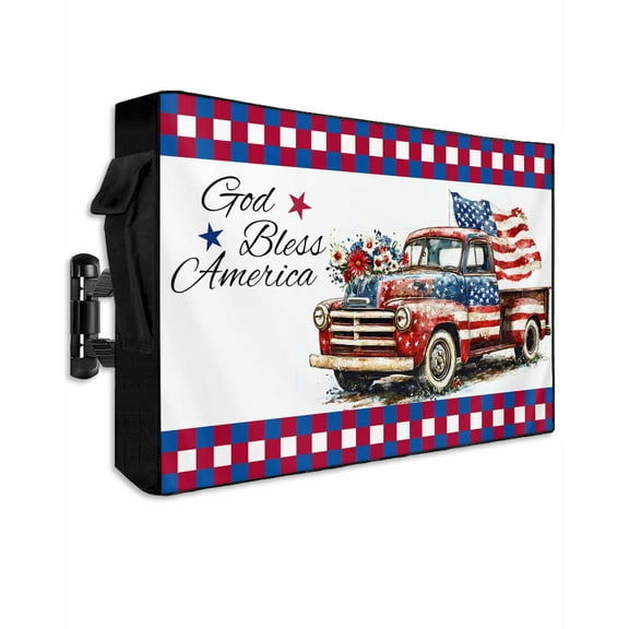 4th of July Outdoor TV Cover 52 to 55 Inch Weatherproof, Independence Day Truck Red Blue Plaid 600D Oxford TV Covers with Waterproof Zipper, Outside Flat TV Screen Protector Size 52"W x 19"H x 4.5"D