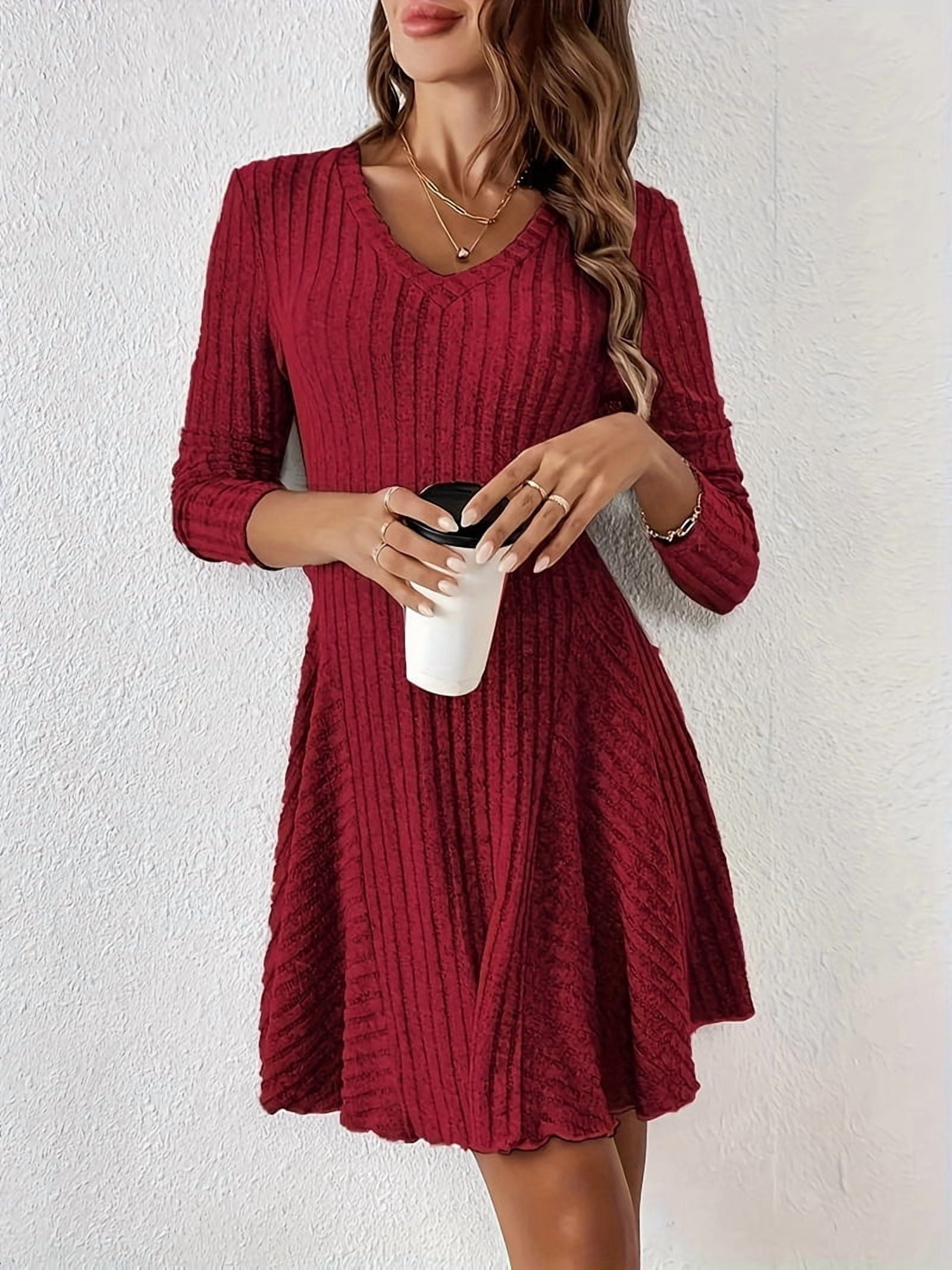 Women Long Sleeve Ribbed Knit Short Dresses Fall Winter V Neck Casual Swing A Line Sweater Dress