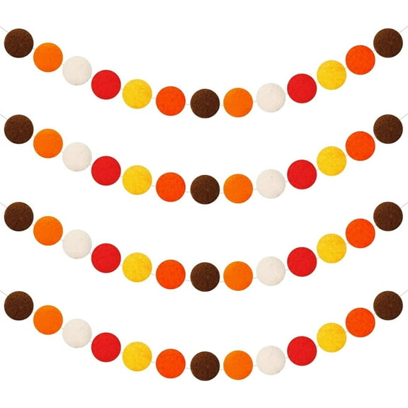 Tutuviw 4 Pcs Wool Felt Rainbow Ball Garland Colorful Pom Pom String Fall Felt Ball Garland 120 Round Ball Garland for Easter Party Office Home Xmas Decorative (Orange/Brown/Red/Yellow/White)